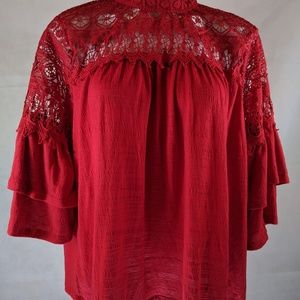 Hannah Red Lace Accent Top w/Bell Sleeves - XL